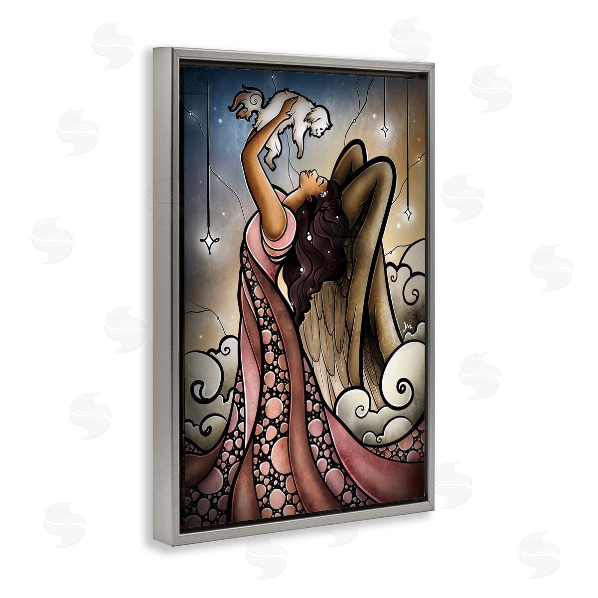 Angel with New Puppy Grey Floating Frame Canvas Wall Art, Home Decor by Mandie Manzano