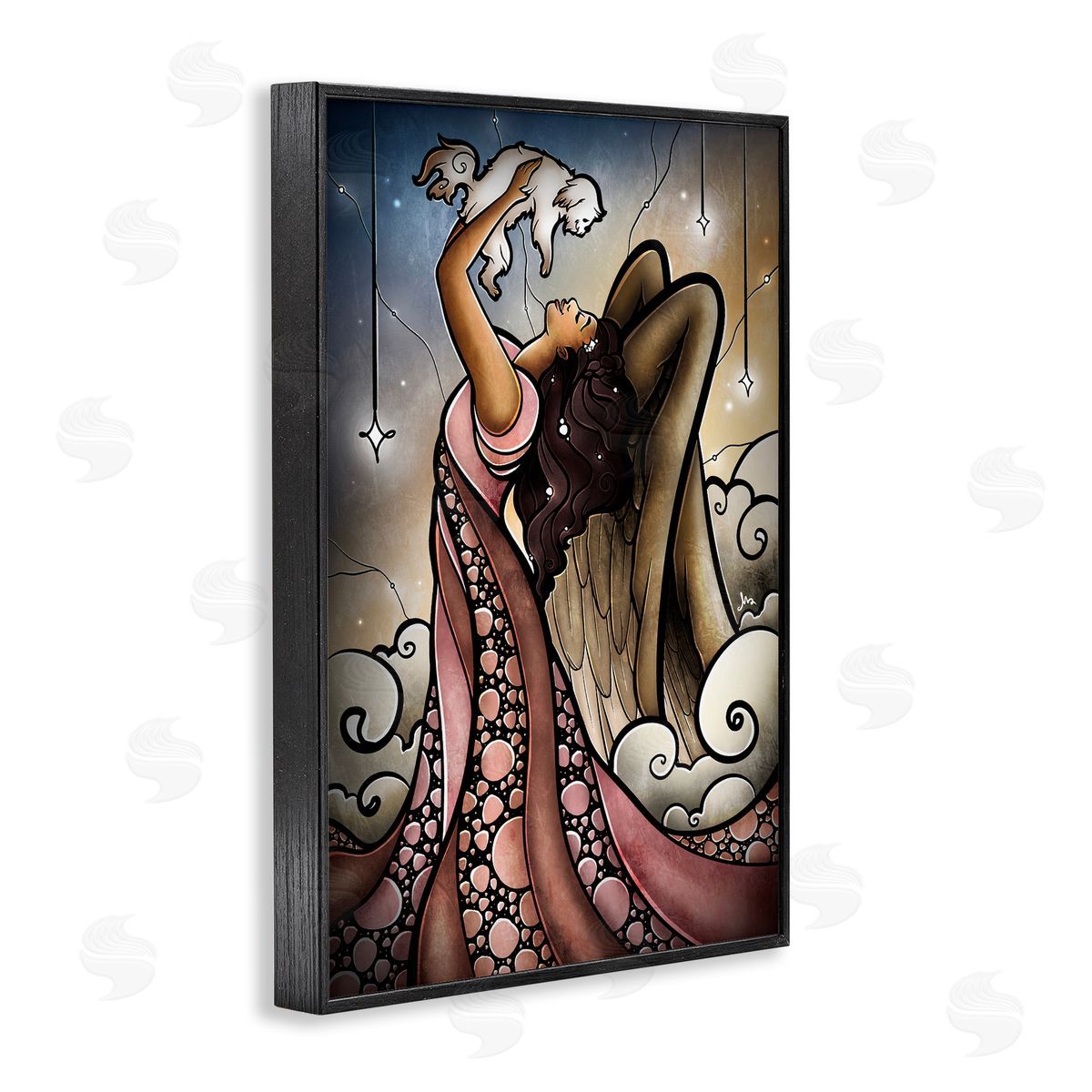 Angel with New Puppy Black Frame Print Wall Art, Home Decor by Mandie Manzano