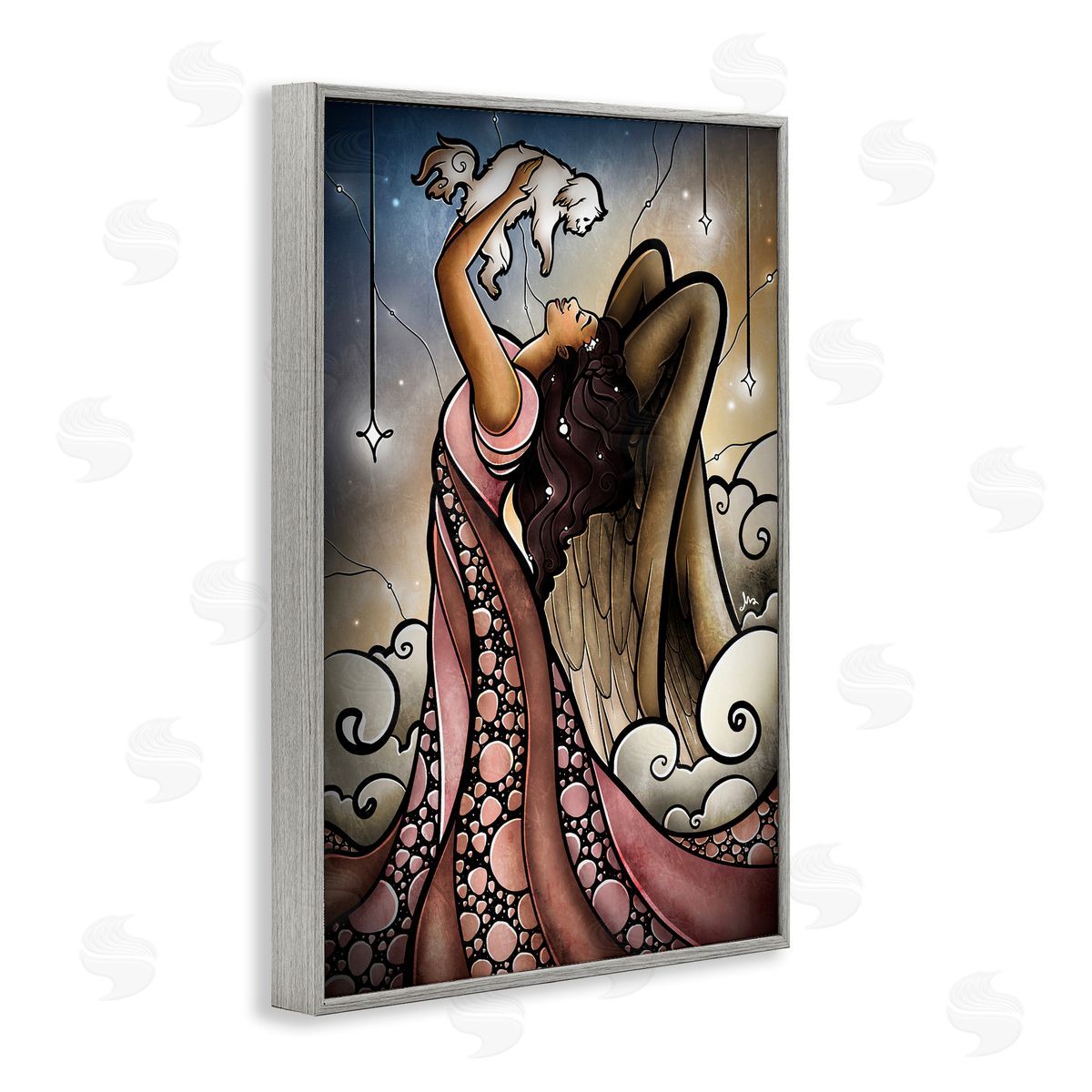 Angel with New Puppy Grey Frame Print Wall Art, Home Decor by Mandie Manzano