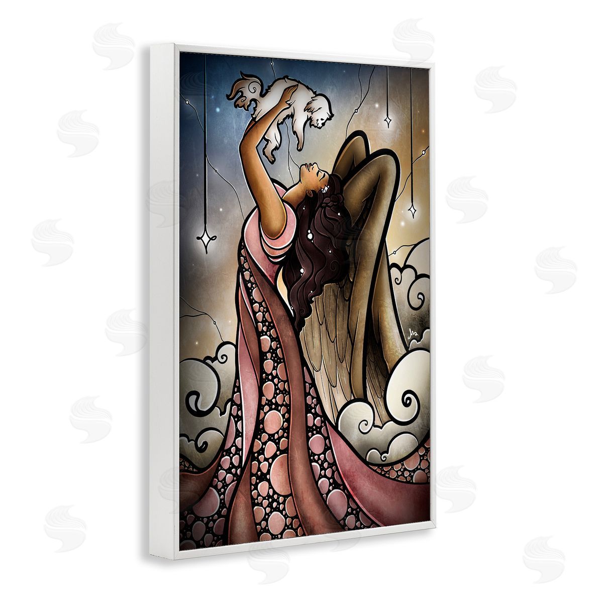 Angel with New Puppy White Frame Print Wall Art, Home Decor by Mandie Manzano