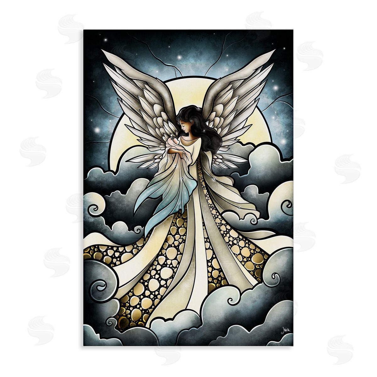 Classic Angel & Baby in Clouds Canvas Wall Art, Home Decor by Mandie Manzano