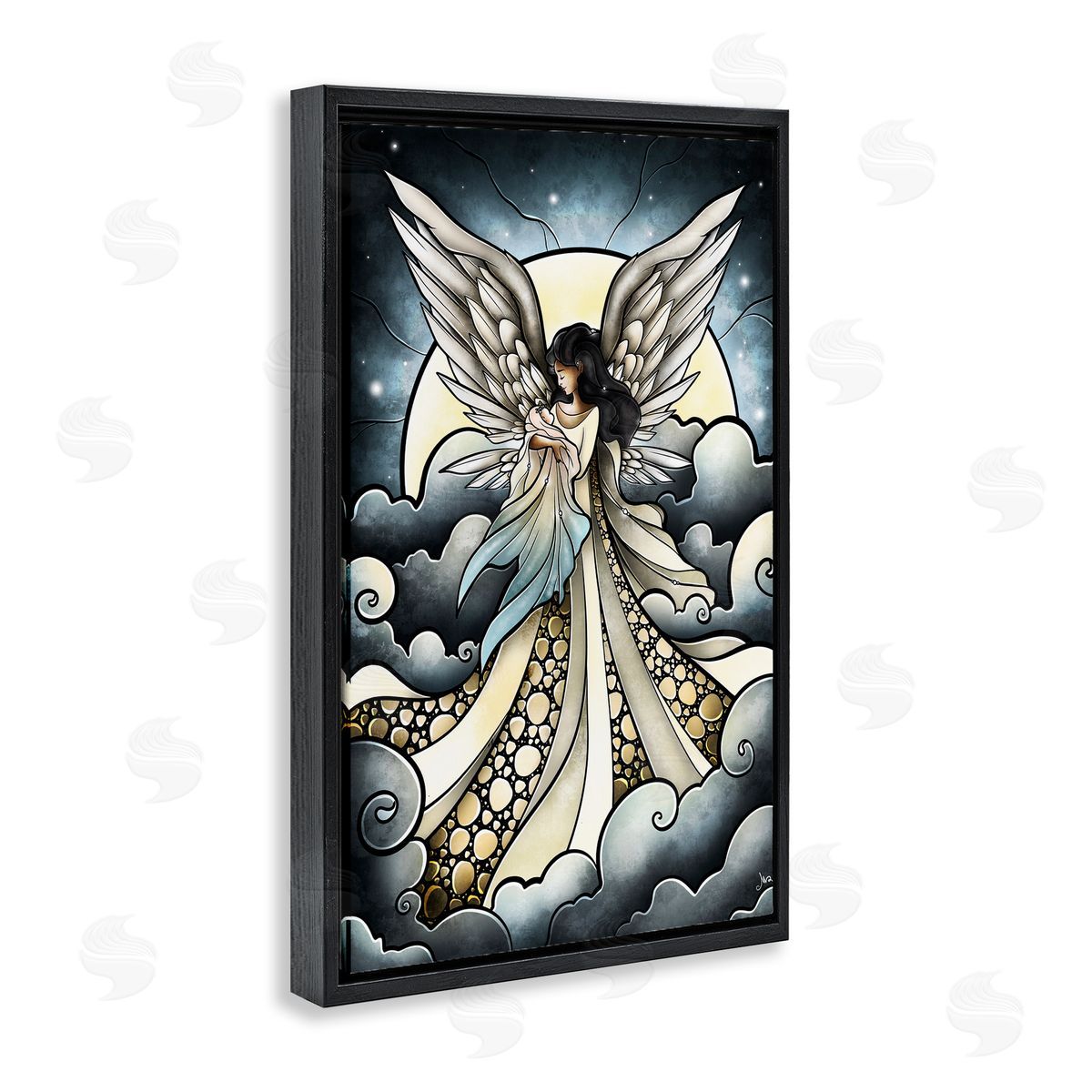 Classic Angel & Baby in Clouds Black Floating Frame Canvas Wall Art, Home Decor by Mandie Manzano