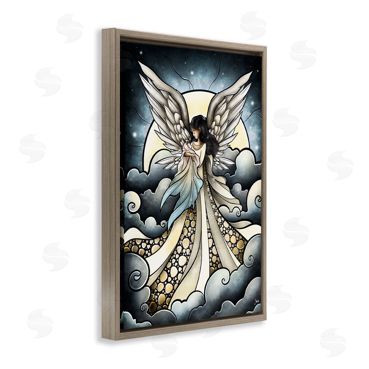 Classic Angel & Baby in Clouds Brown Floating Frame Canvas Wall Art, Home Decor by Mandie Manzano