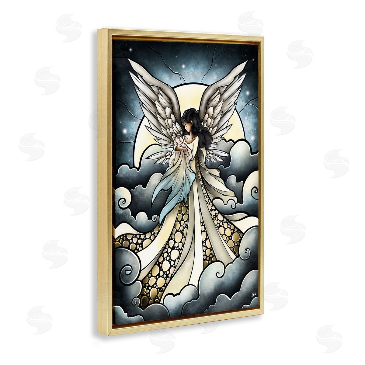 Classic Angel & Baby in Clouds Gold Floating Frame Canvas Wall Art, Home Decor by Mandie Manzano