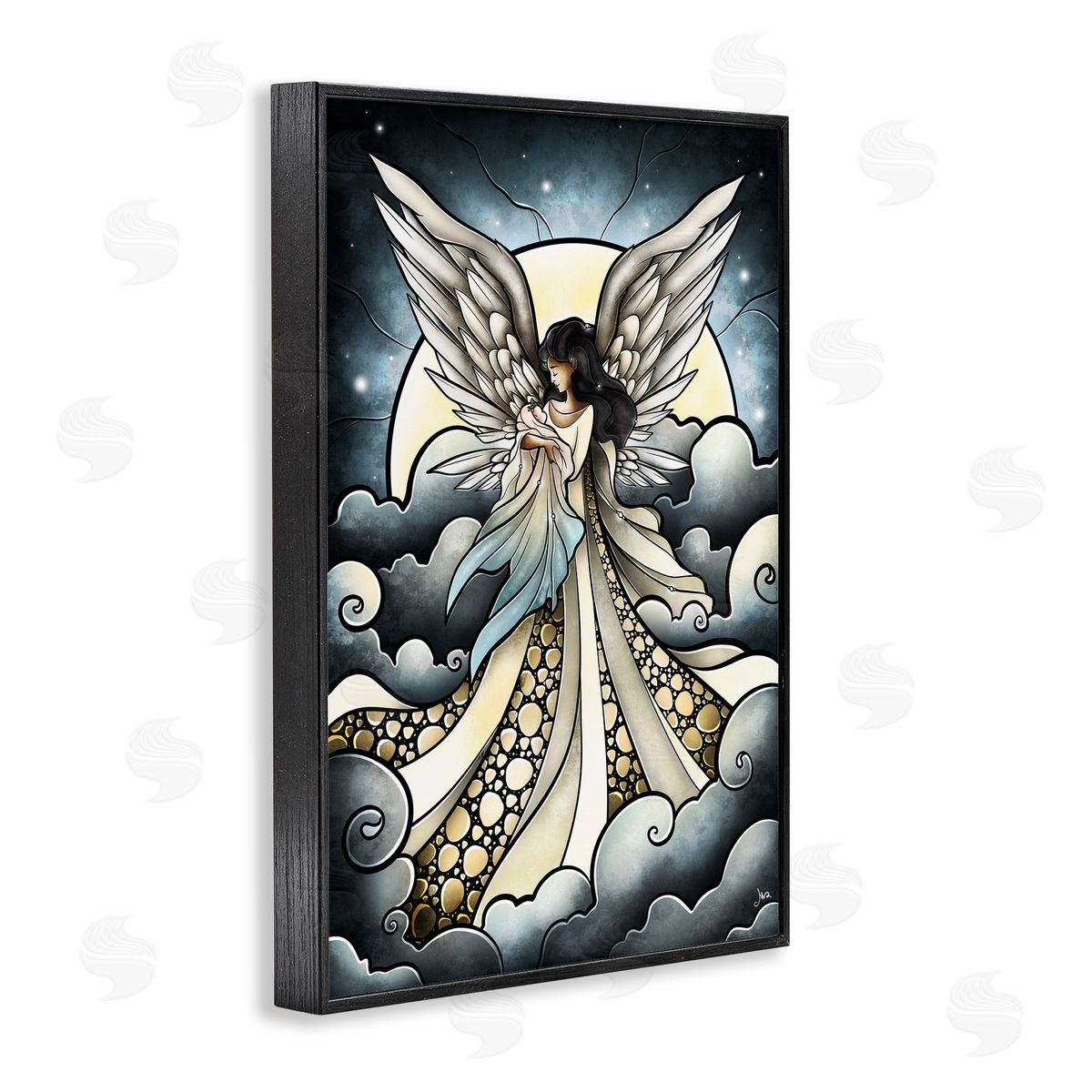 Classic Angel & Baby in Clouds Black Frame Print Wall Art, Home Decor by Mandie Manzano