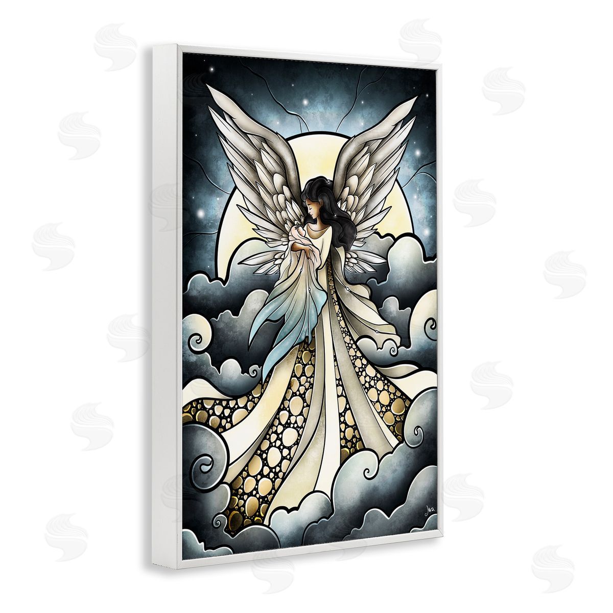 Classic Angel & Baby in Clouds White Frame Print Wall Art, Home Decor by Mandie Manzano