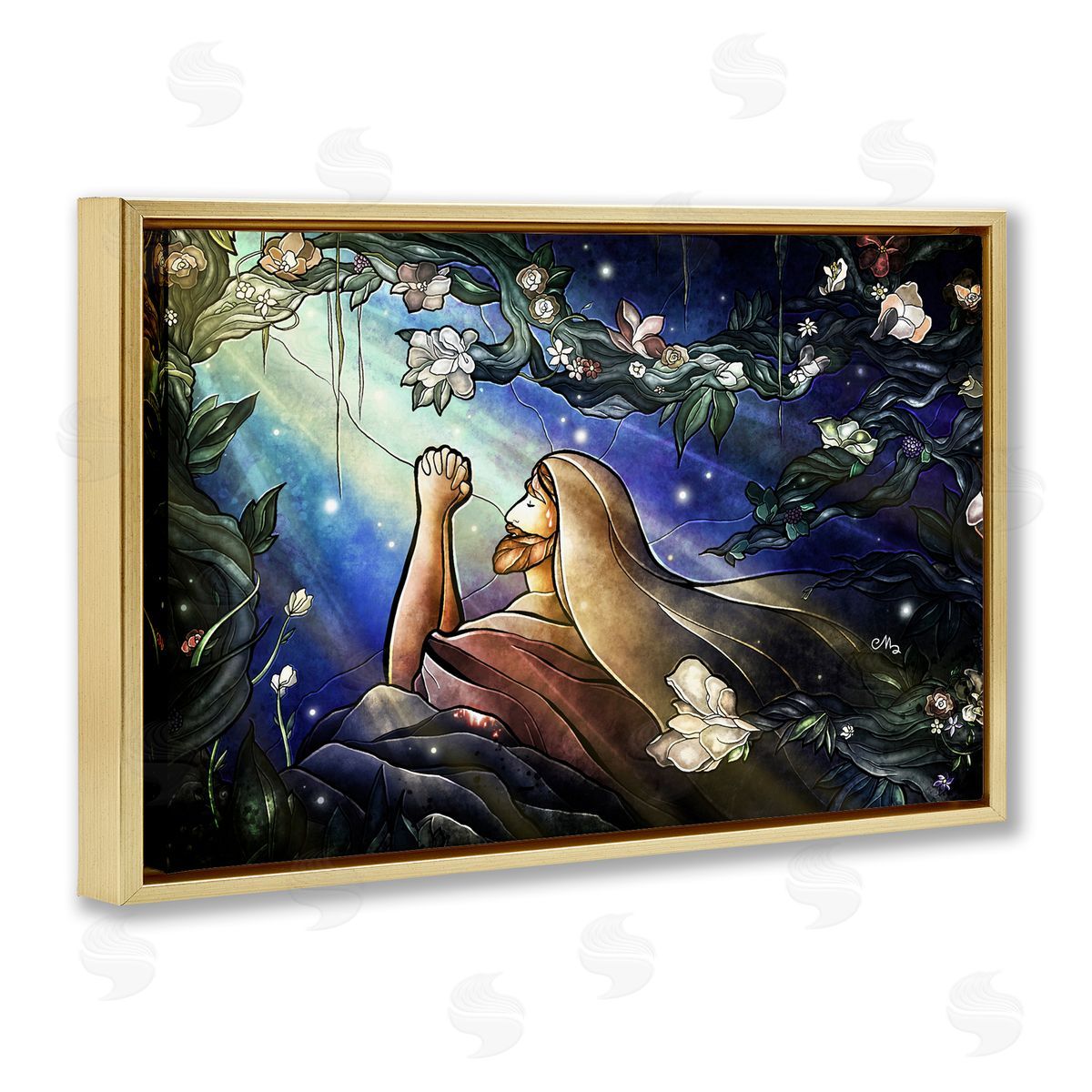 Religious Gethsemane Prayer Gold Floating Frame Canvas Wall Art, Home Decor by Mandie Manzano
