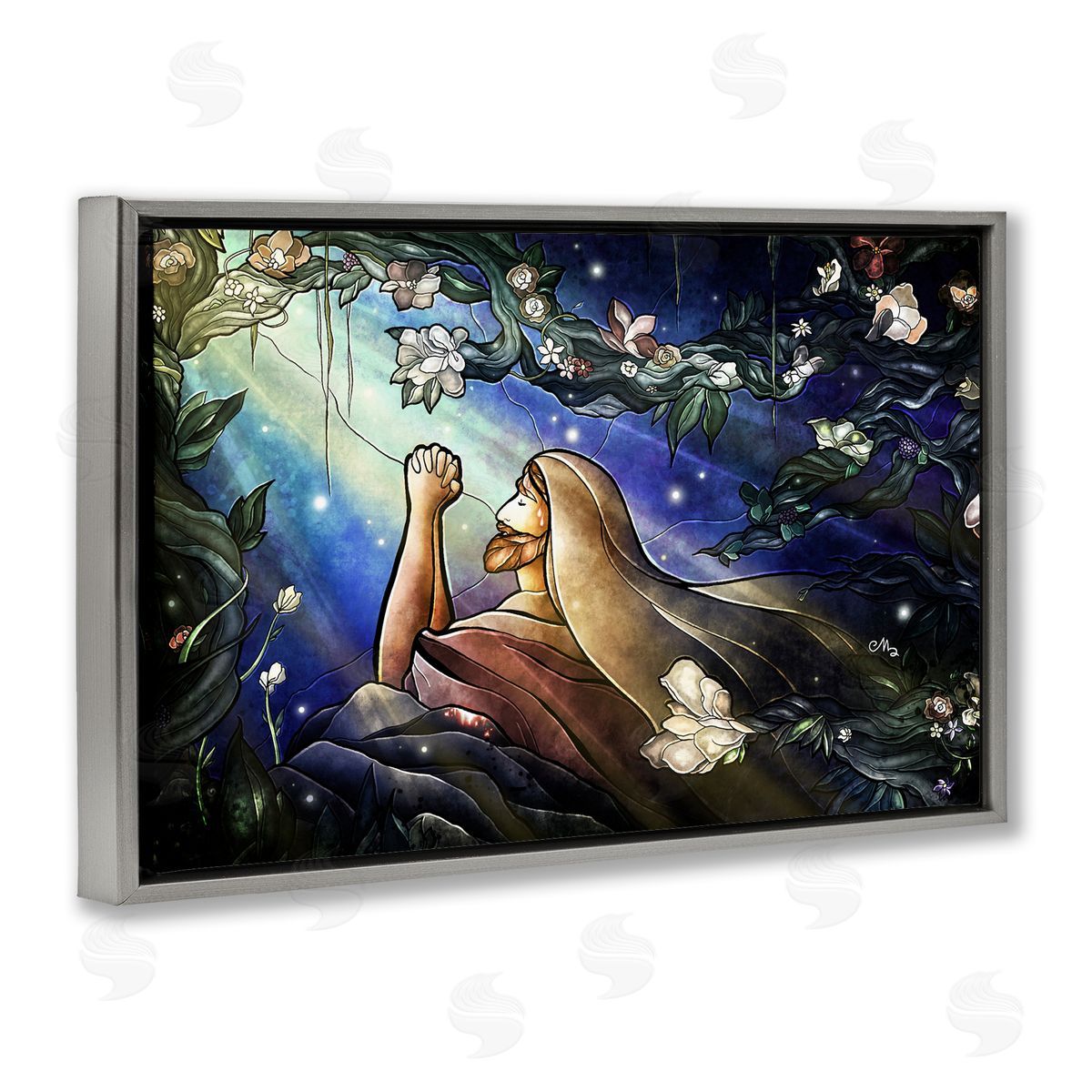 Religious Gethsemane Prayer Grey Floating Frame Canvas Wall Art, Home Decor by Mandie Manzano