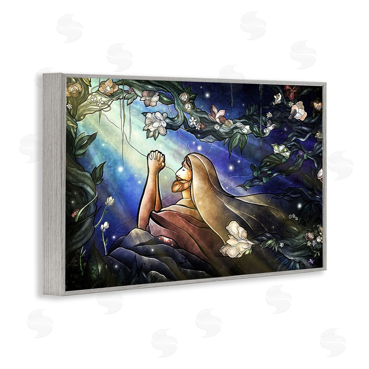 Religious Gethsemane Prayer Grey Frame Print Wall Art, Home Decor by Mandie Manzano