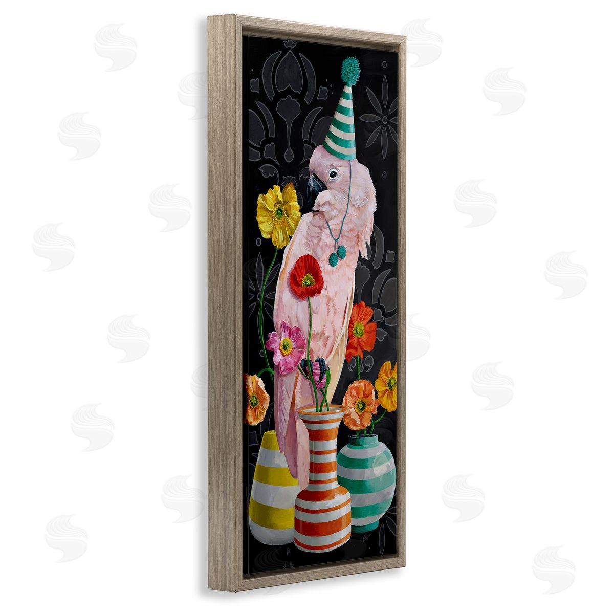 Cockatoo & Striped Vases Brown Floating Frame Canvas Wall Art, Home Decor by Heather Gauthier