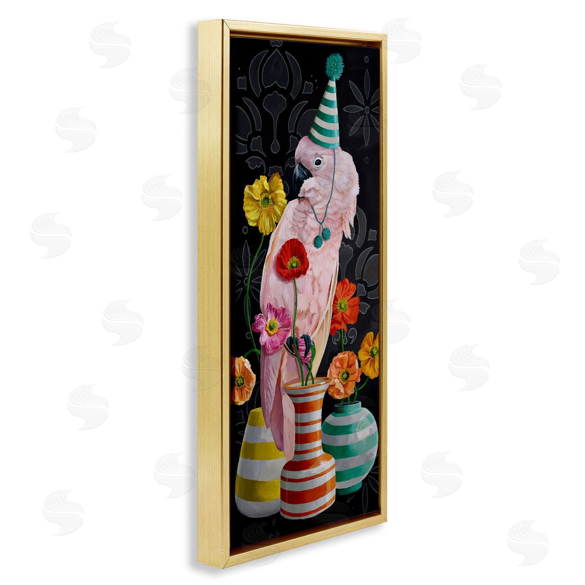 Cockatoo & Striped Vases Gold Floating Frame Canvas Wall Art, Home Decor by Heather Gauthier