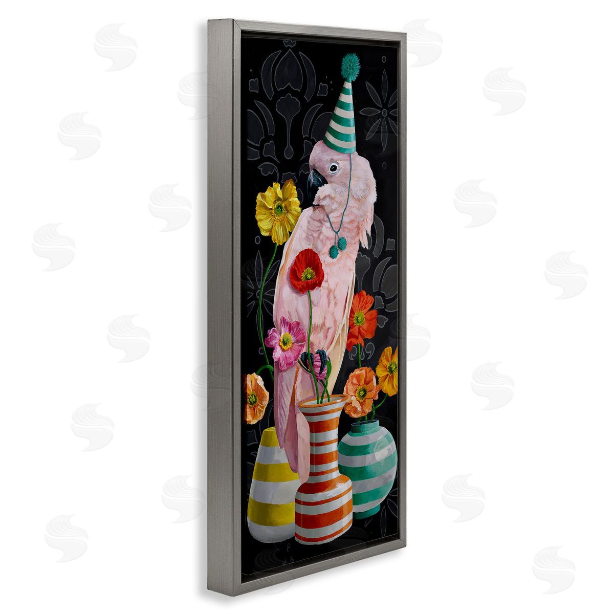Cockatoo & Striped Vases Grey Floating Frame Canvas Wall Art, Home Decor by Heather Gauthier