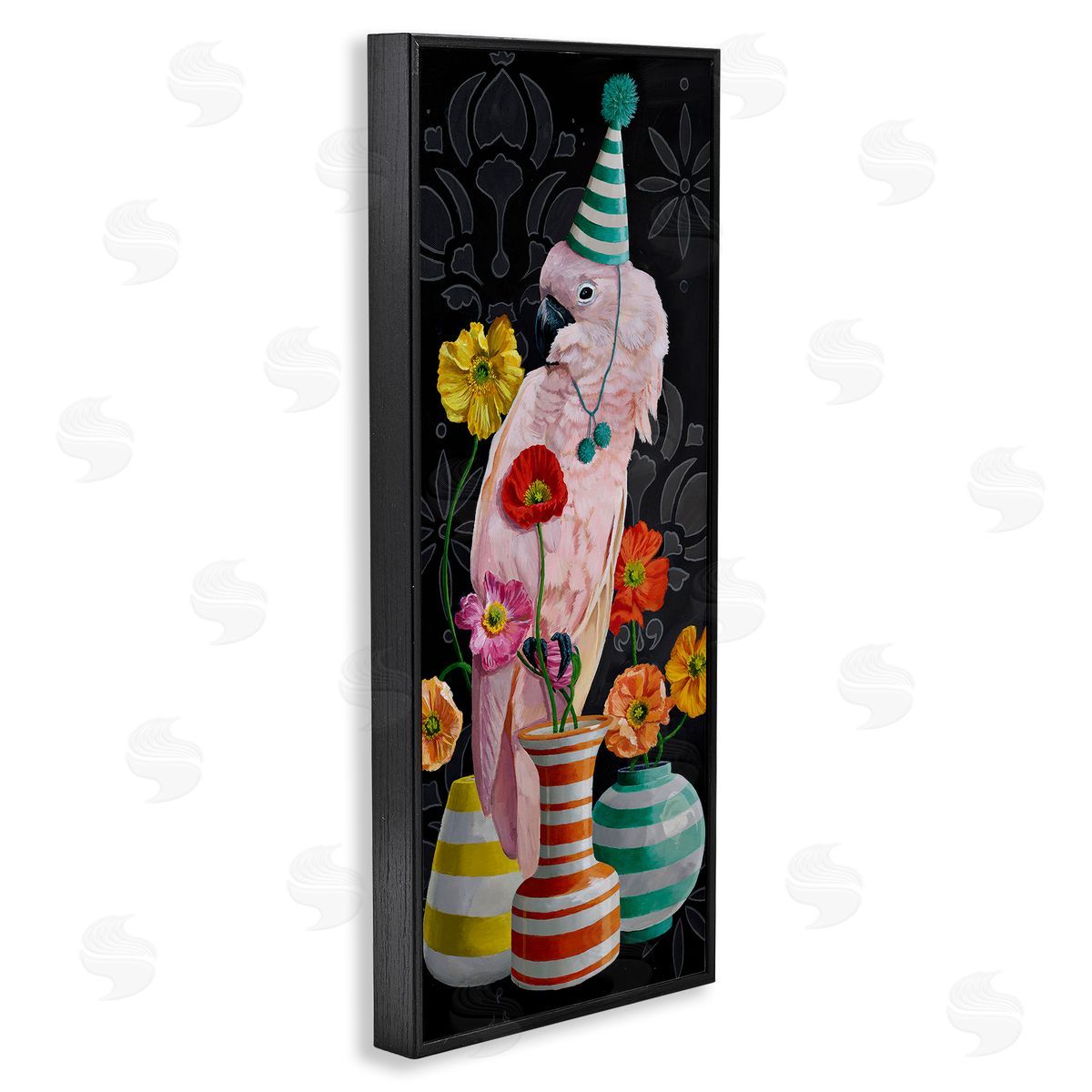 Cockatoo & Striped Vases Black Frame Print Wall Art, Home Decor by Heather Gauthier