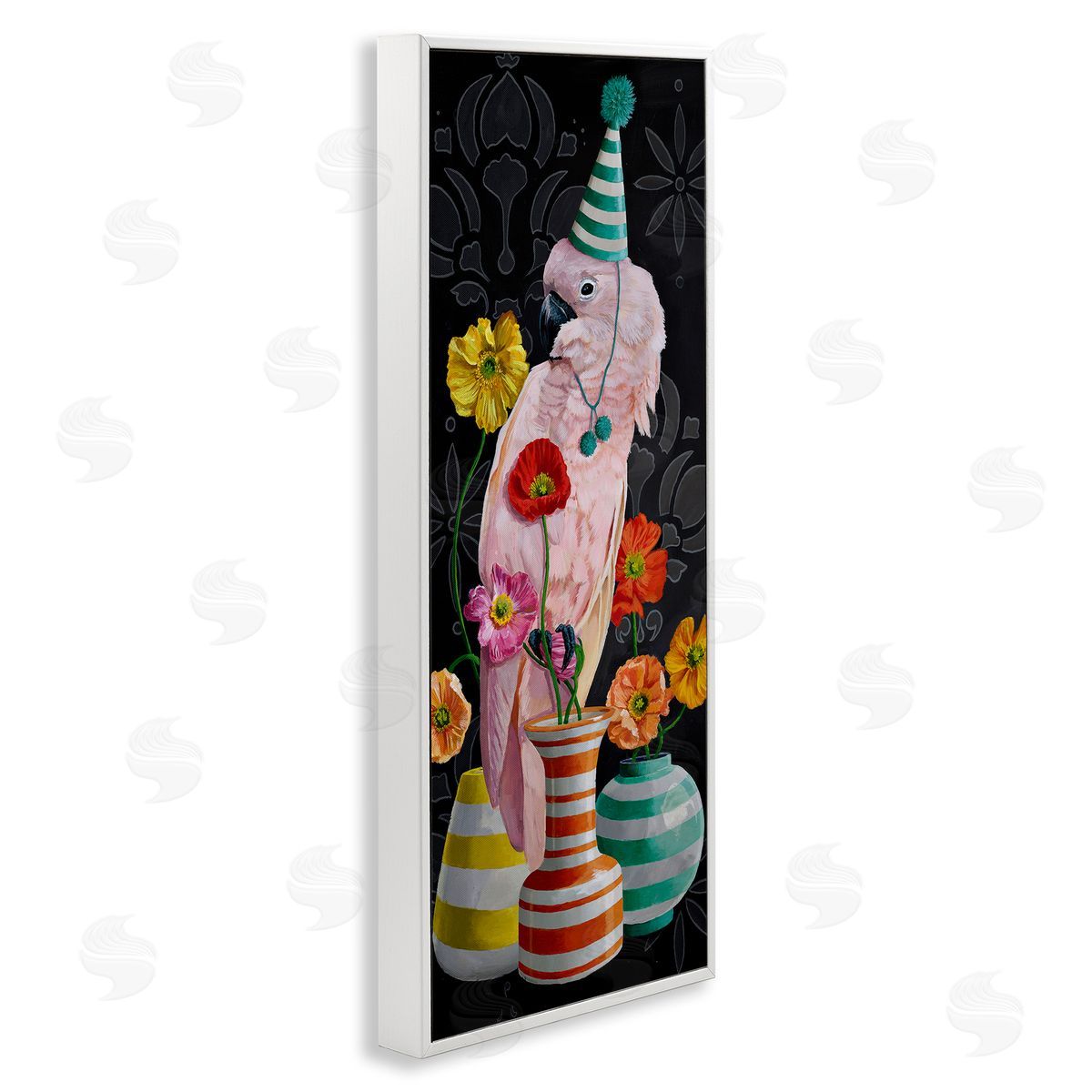 Cockatoo & Striped Vases White Frame Print Wall Art, Home Decor by Heather Gauthier