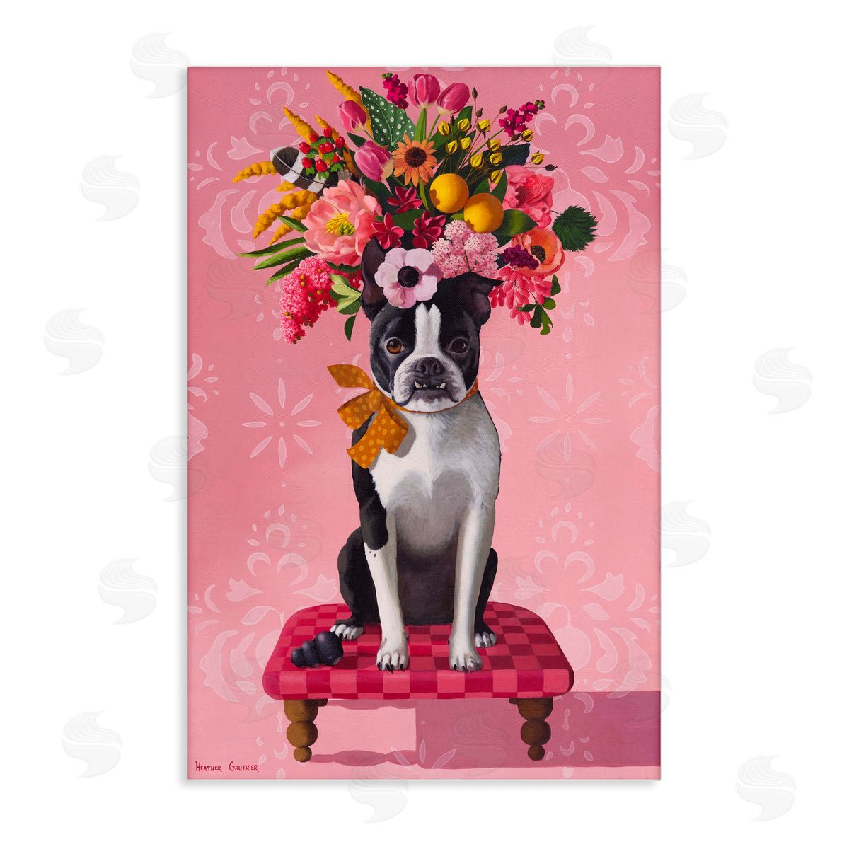 Bulldog & Pink Bouquet Canvas Wall Art, Home Decor by Heather Gauthier
