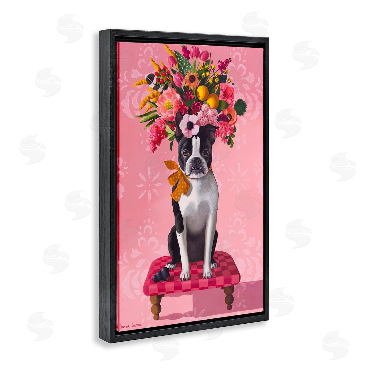 Bulldog & Pink Bouquet Black Floating Frame Canvas Wall Art, Home Decor by Heather Gauthier