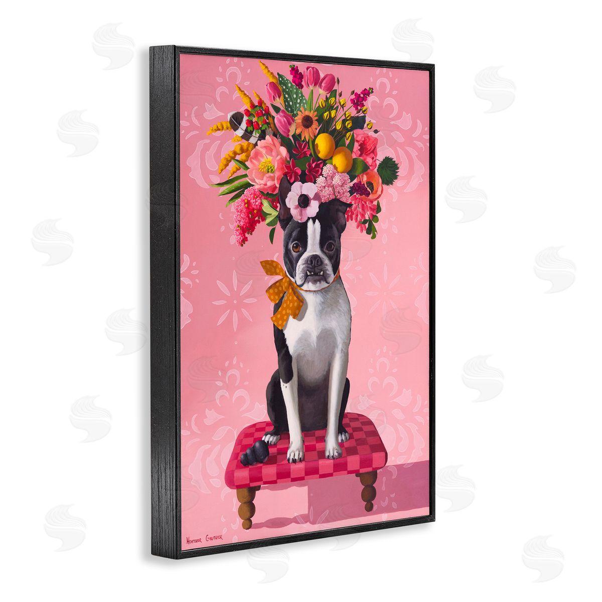 Bulldog & Pink Bouquet Black Frame Print Wall Art, Home Decor by Heather Gauthier