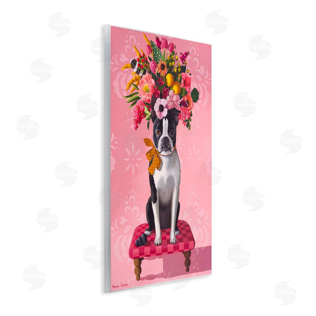 Bulldog & Pink Bouquet Wood Plaque Wall Art, Home Decor by Heather Gauthier