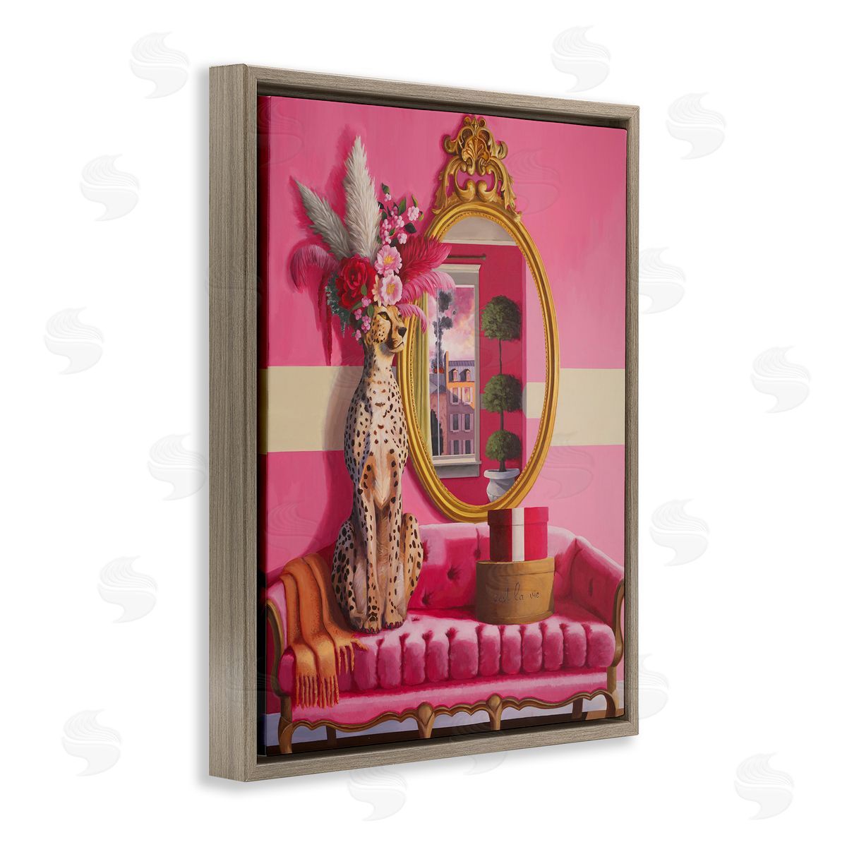 Sophisticated Leopard on Couch Brown Floating Frame Canvas Wall Art, Home Decor by Heather Gauthier