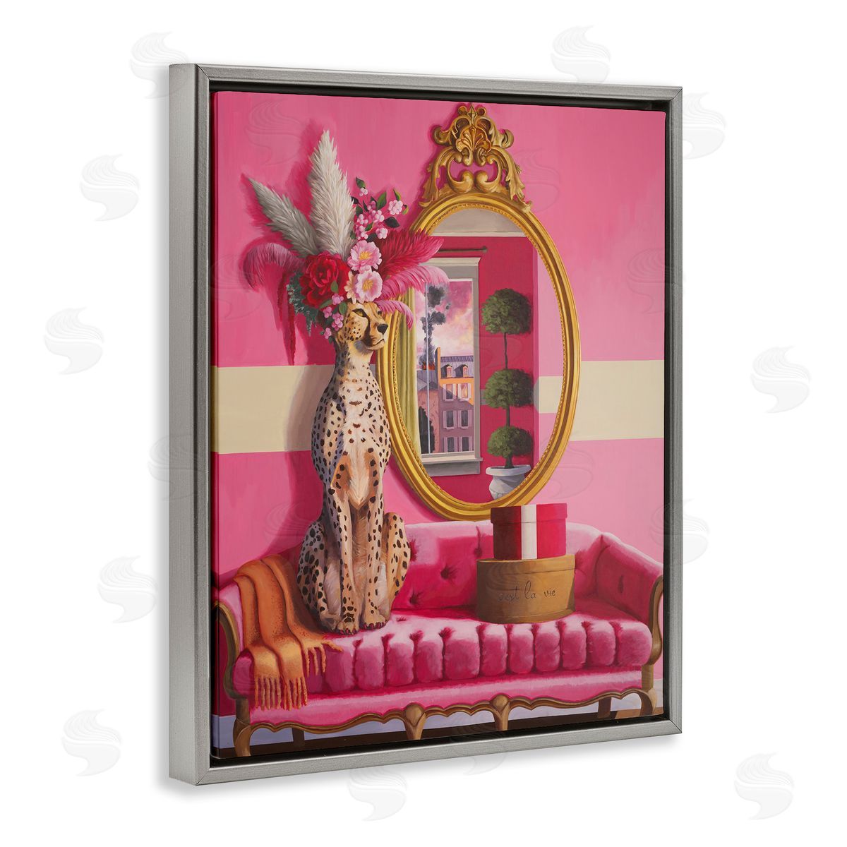 Sophisticated Leopard on Couch Grey Floating Frame Canvas Wall Art, Home Decor by Heather Gauthier