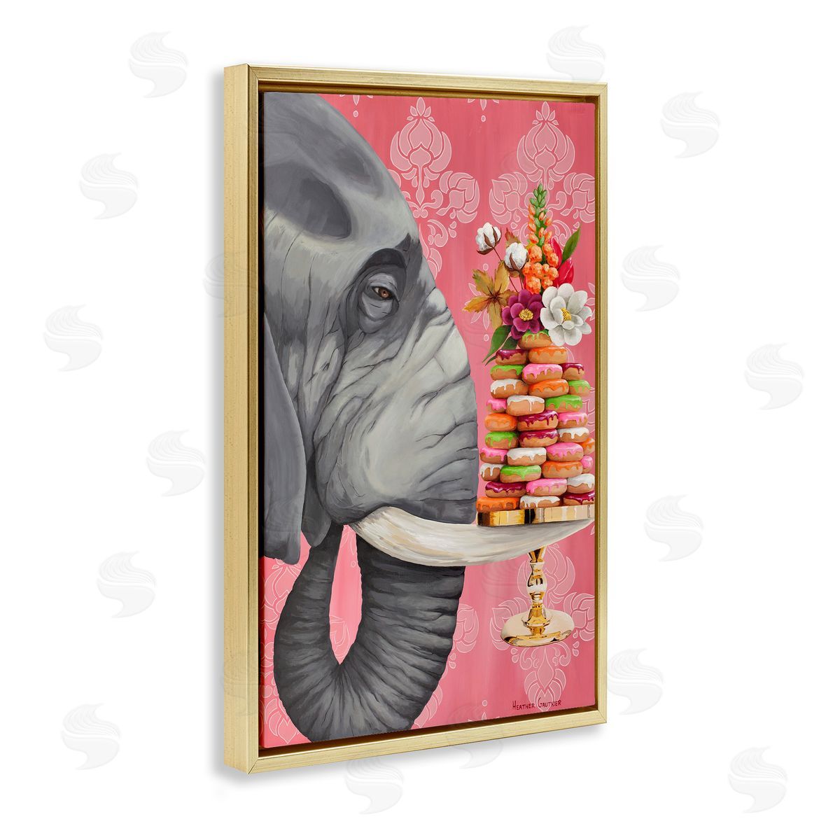 Elephant & Stacked Desserts Gold Floating Frame Canvas Wall Art, Home Decor by Heather Gauthier