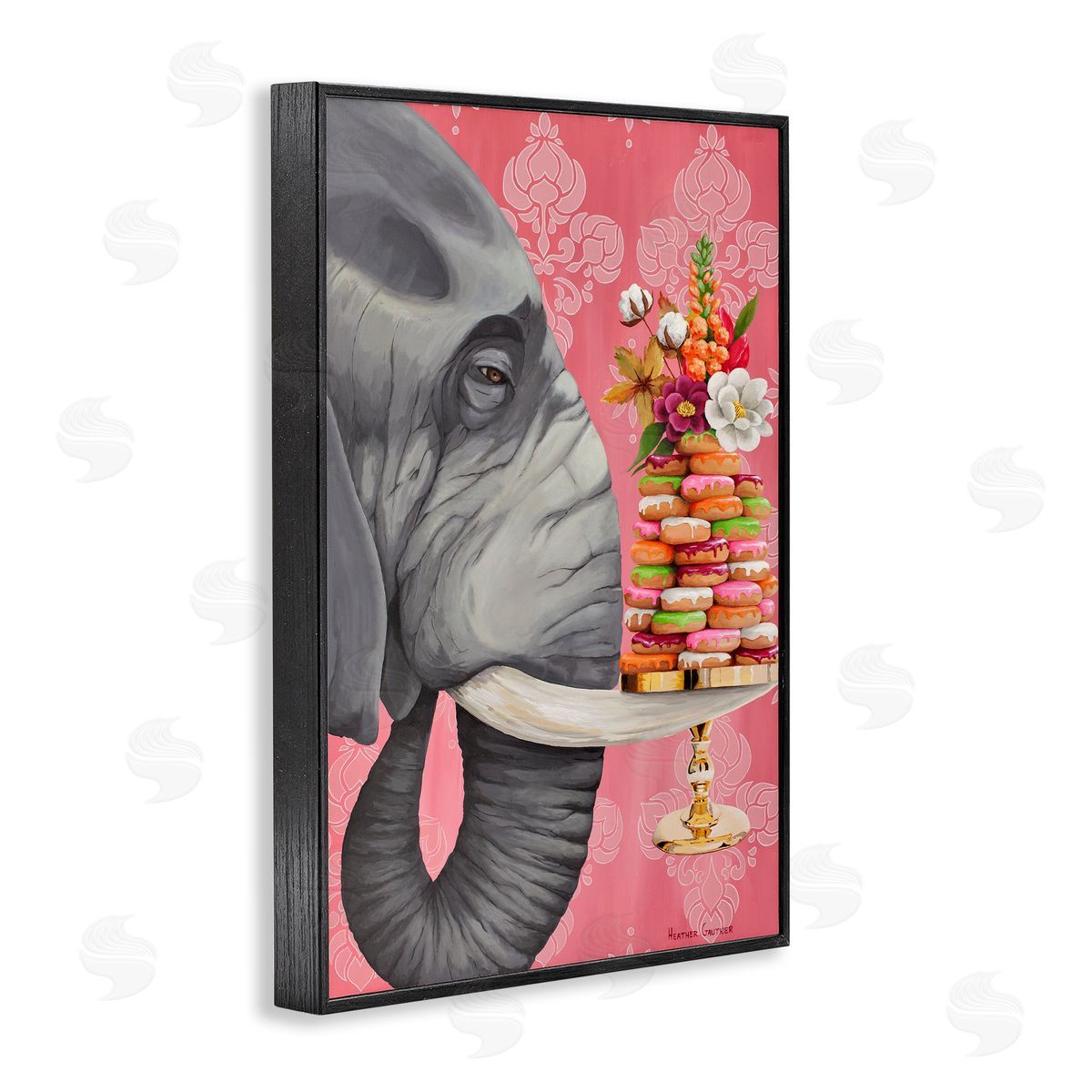 Elephant & Stacked Desserts Black Frame Print Wall Art, Home Decor by Heather Gauthier