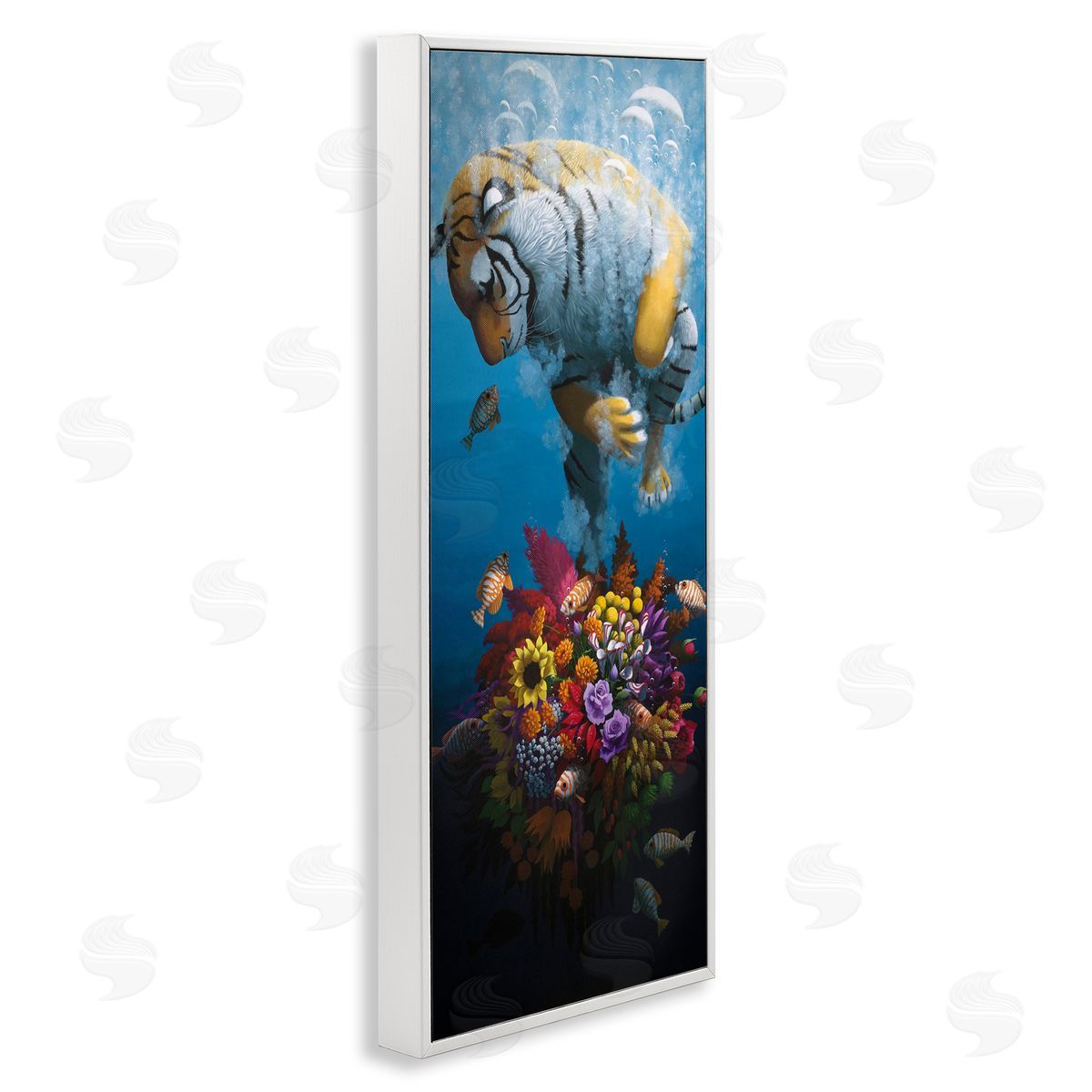 Curious Tiger & Underwater Bouquet White Frame Print Wall Art, Home Decor by Heather Gauthier