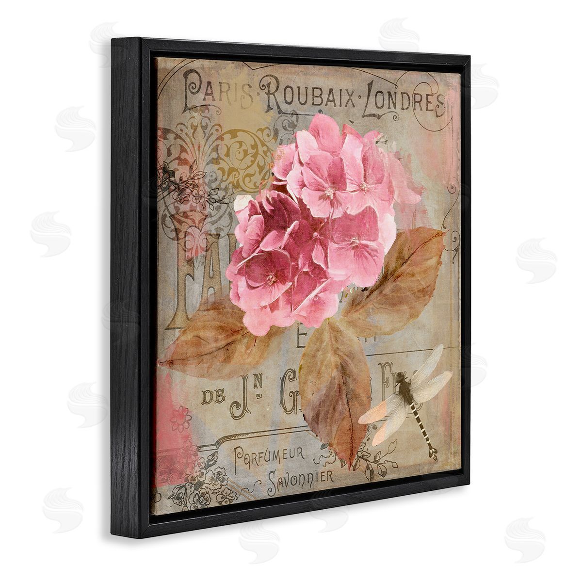Vintage French Hydrangea Black Floating Frame Canvas Wall Art, Home Decor by Sasha