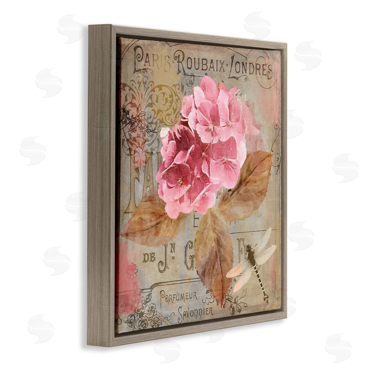 Vintage French Hydrangea Brown Floating Frame Canvas Wall Art, Home Decor by Sasha