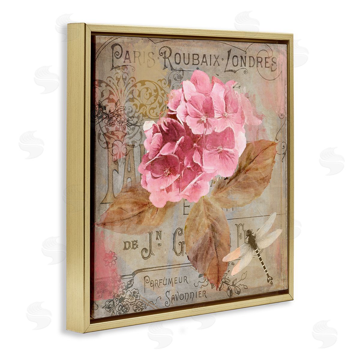Vintage French Hydrangea Gold Floating Frame Canvas Wall Art, Home Decor by Sasha