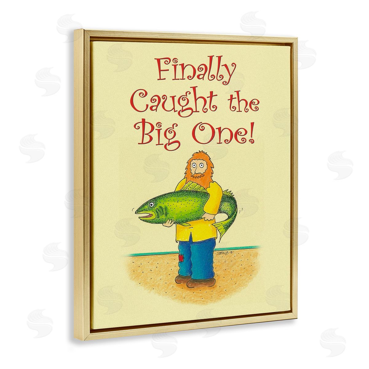 The Big One Fisherman Gold Floating Frame Canvas Wall Art, Home Decor by Roger Straub