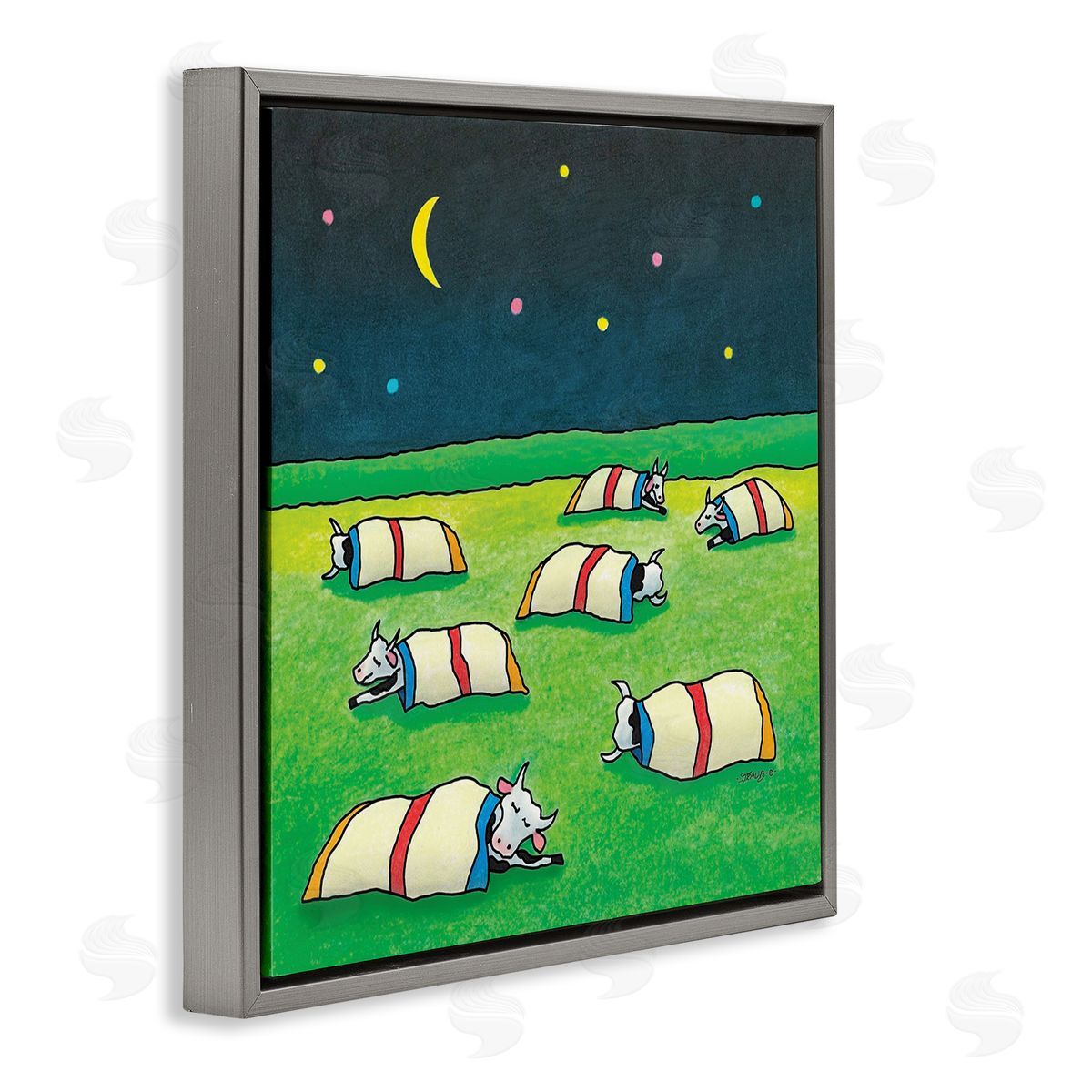 Pasture Cows Bedtime Grey Floating Frame Canvas Wall Art, Home Decor by Roger Straub