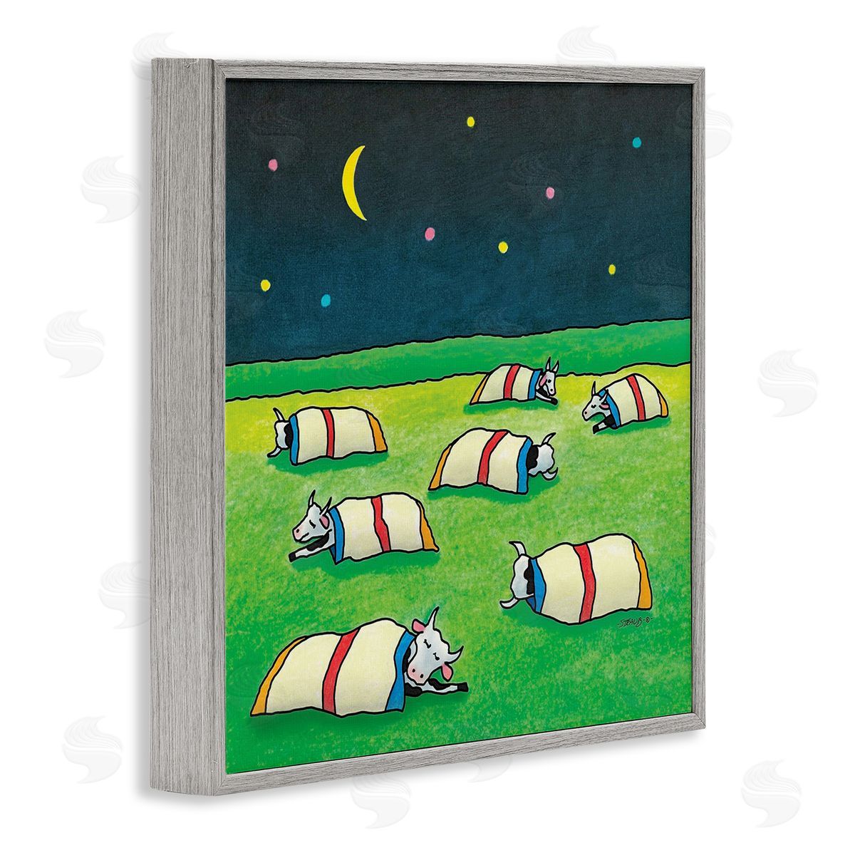 Pasture Cows Bedtime Grey Frame Print Wall Art, Home Decor by Roger Straub