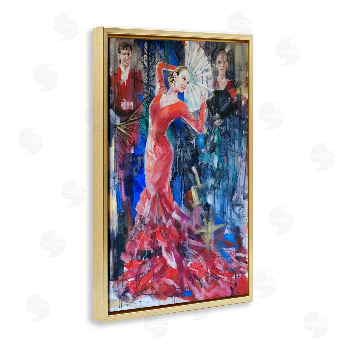 Bold Dancer with Fan Gold Floating Frame Canvas Wall Art, Home Decor by Lucille Lee