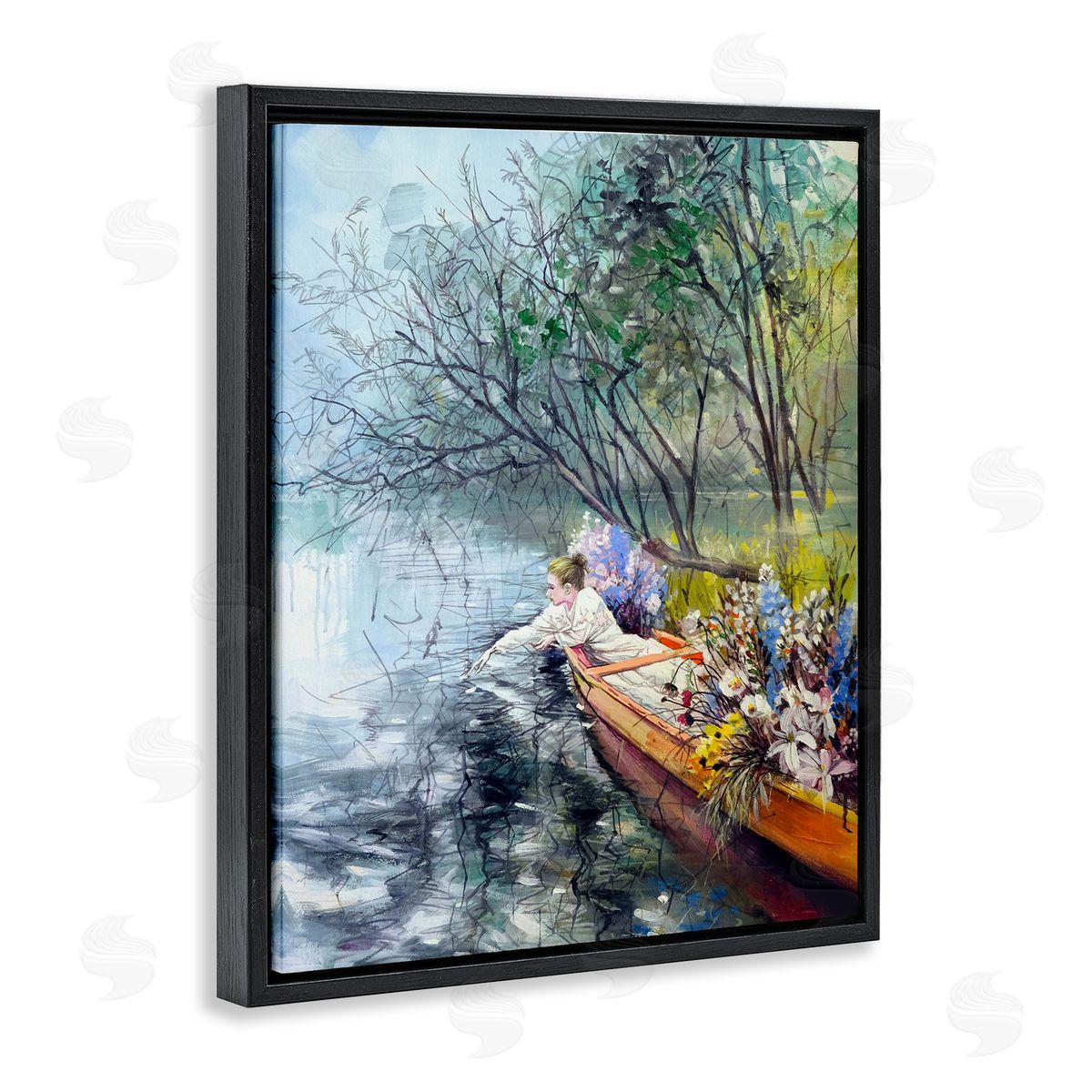Woman in Floral Filled Boat Black Floating Frame Canvas Wall Art, Home Decor by Lucille Lee
