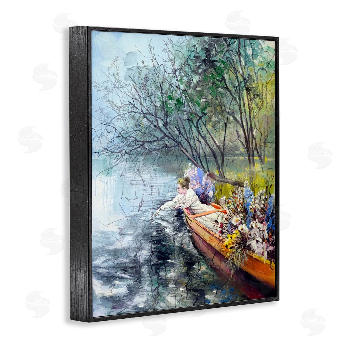 Woman in Floral Filled Boat Black Frame Print Wall Art, Home Decor by Lucille Lee