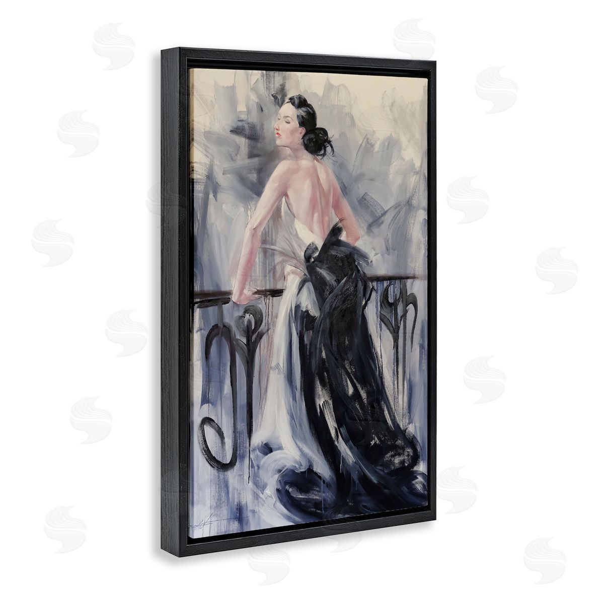 Elegant Woman Against Railing Black Floating Frame Canvas Wall Art, Home Decor by Lucille Lee