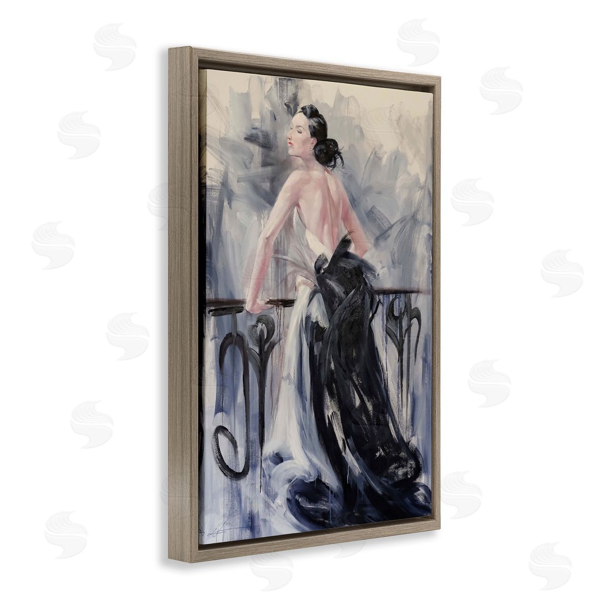 Elegant Woman Against Railing Brown Floating Frame Canvas Wall Art, Home Decor by Lucille Lee