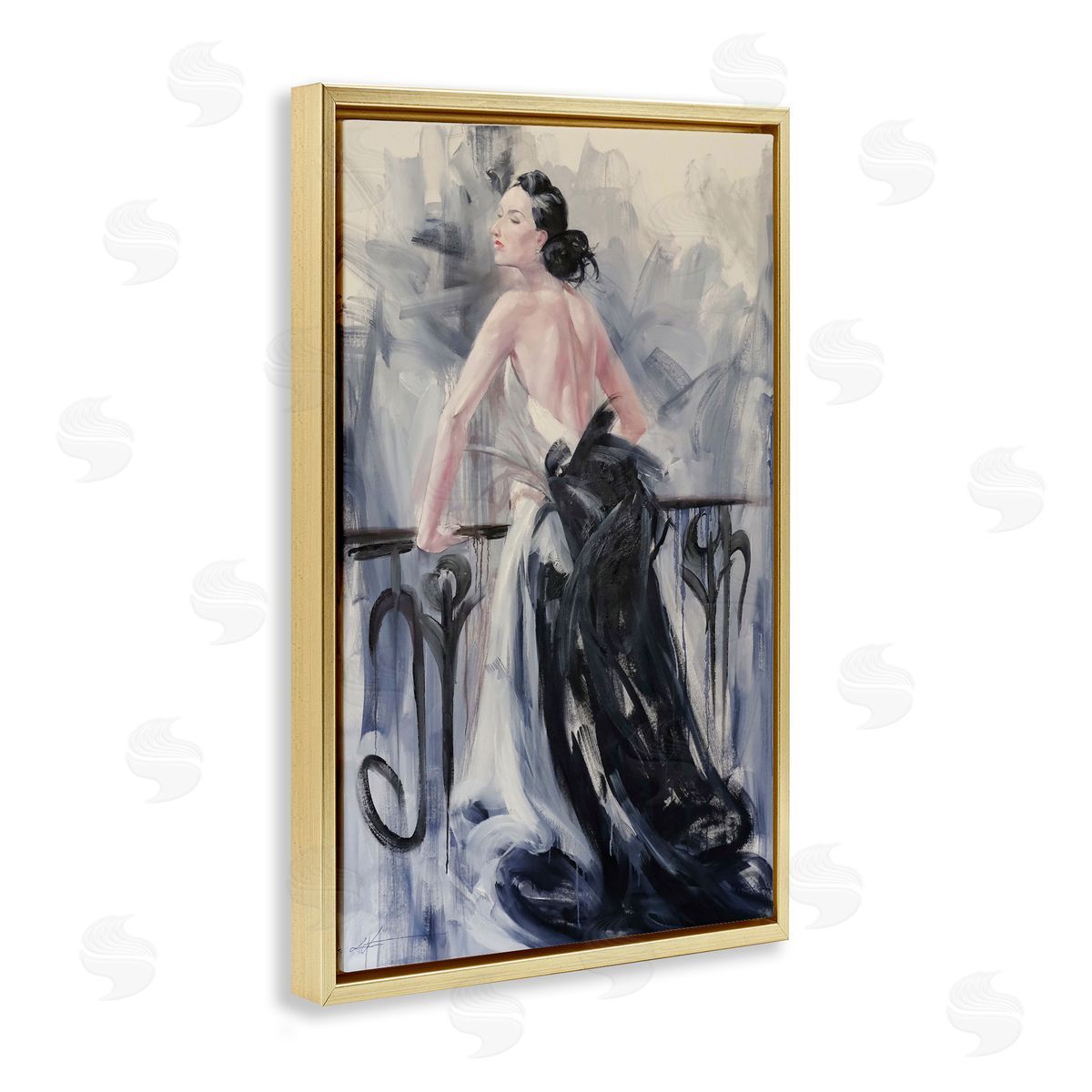 Elegant Woman Against Railing Gold Floating Frame Canvas Wall Art, Home Decor by Lucille Lee