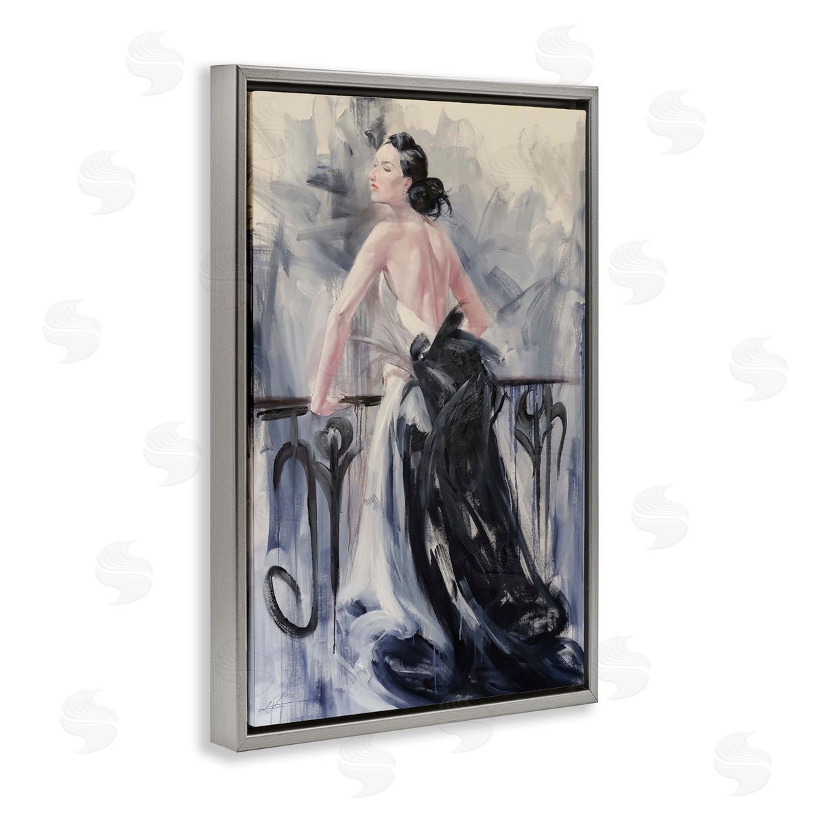 Elegant Woman Against Railing Grey Floating Frame Canvas Wall Art, Home Decor by Lucille Lee