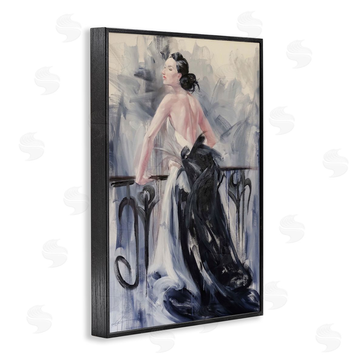 Elegant Woman Against Railing Black Frame Print Wall Art, Home Decor by Lucille Lee