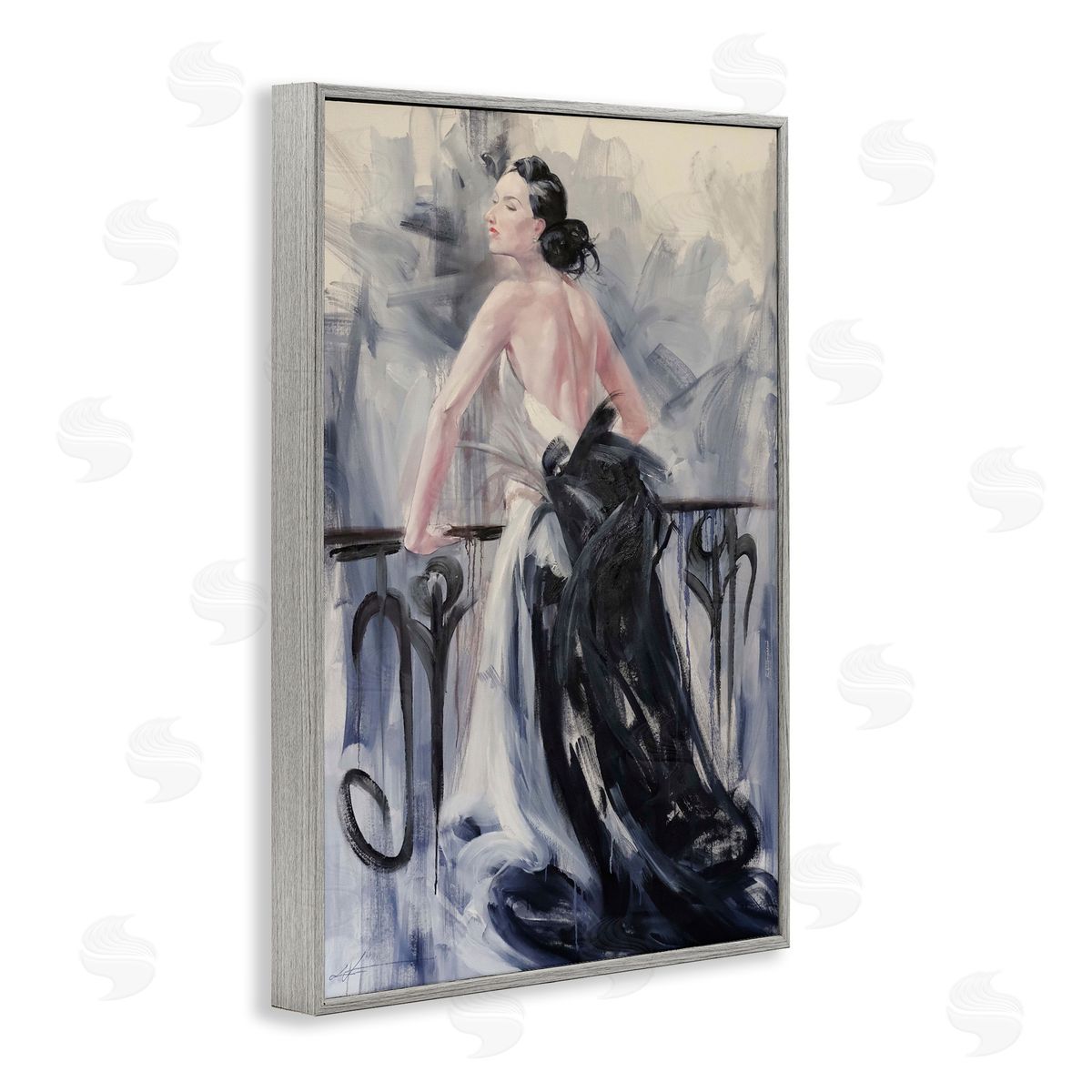 Elegant Woman Against Railing Grey Frame Print Wall Art, Home Decor by Lucille Lee