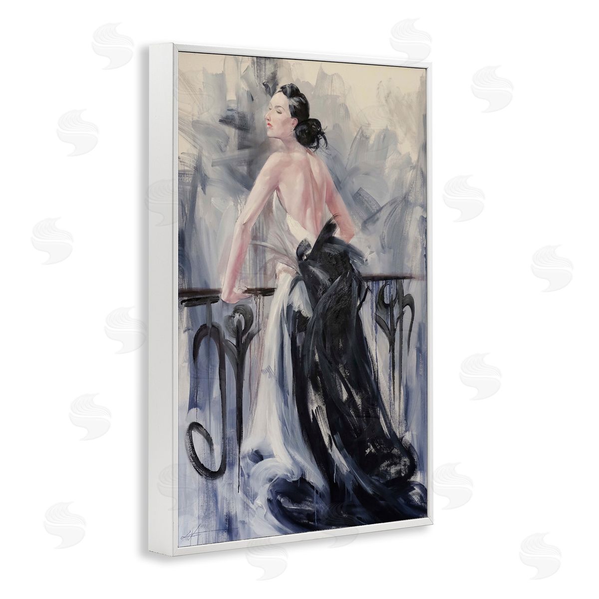 Elegant Woman Against Railing White Frame Print Wall Art, Home Decor by Lucille Lee