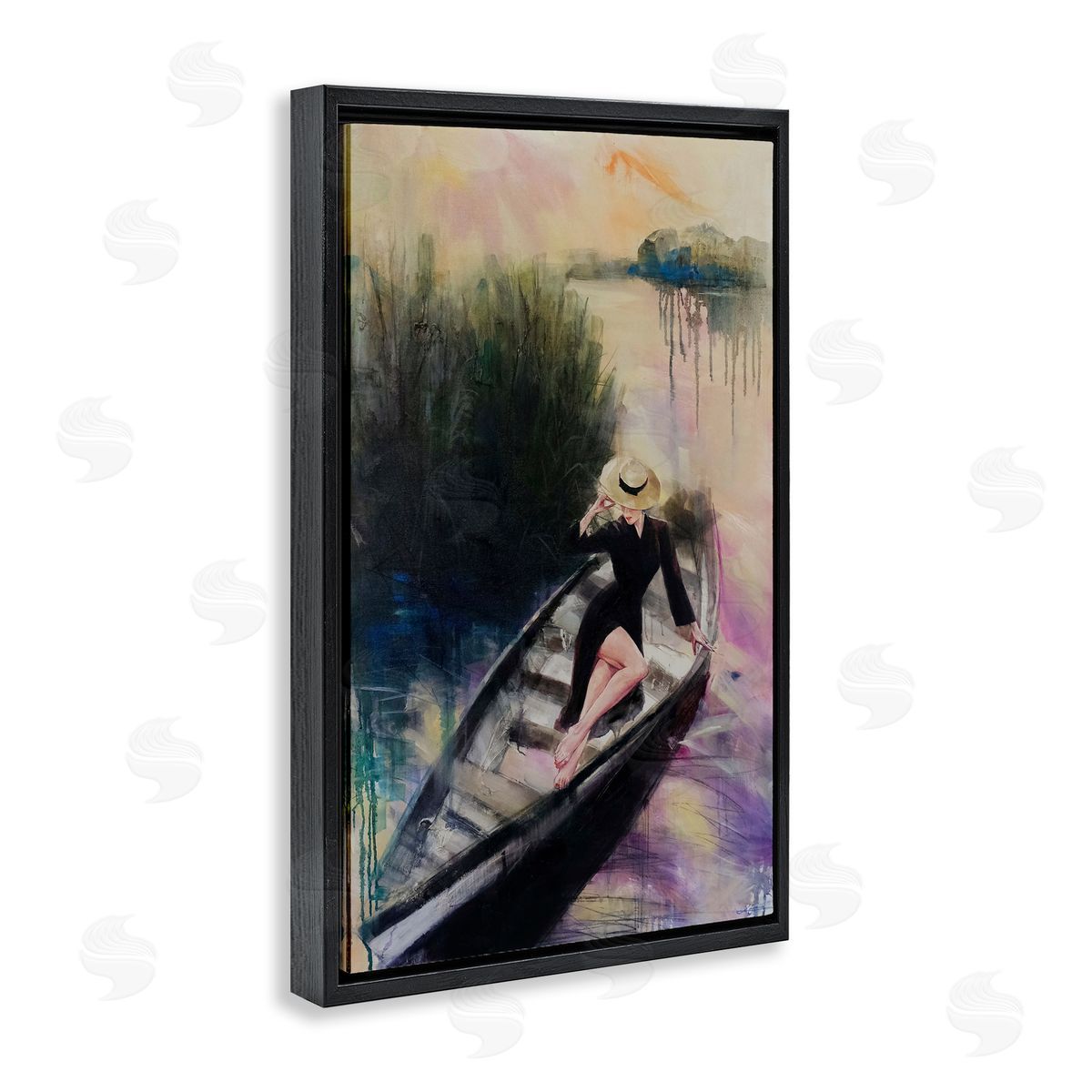 Fashion Diva on River Boat Black Floating Frame Canvas Wall Art, Home Decor by Lucille Lee