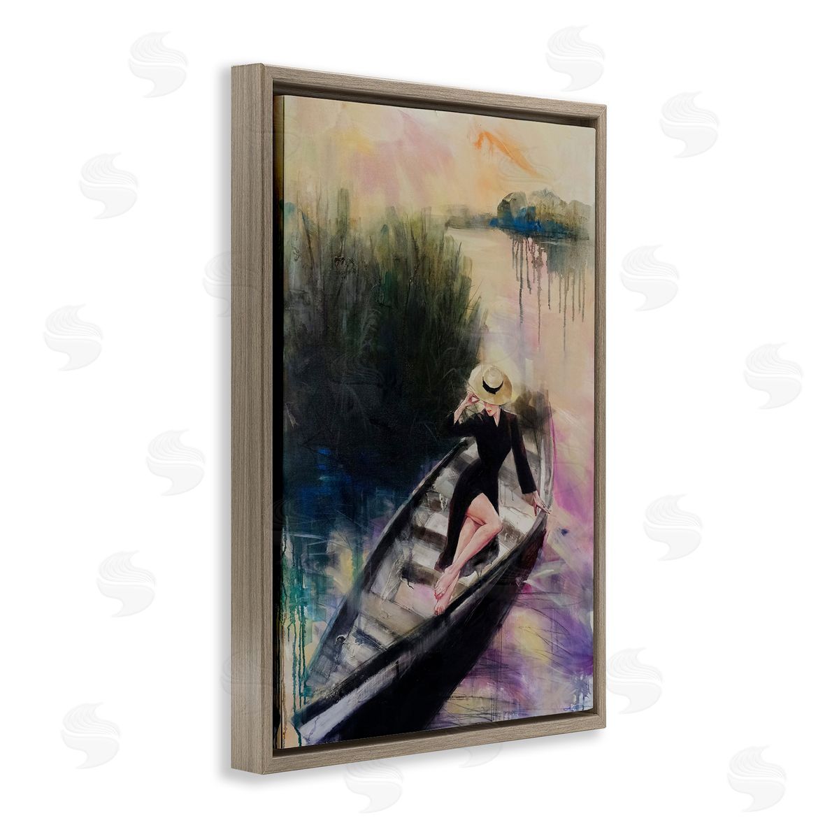 Fashion Diva on River Boat Brown Floating Frame Canvas Wall Art, Home Decor by Lucille Lee