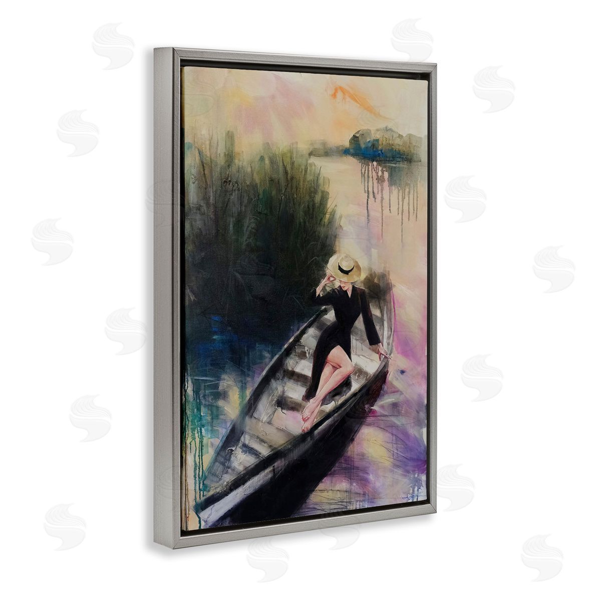 Fashion Diva on River Boat Grey Floating Frame Canvas Wall Art, Home Decor by Lucille Lee