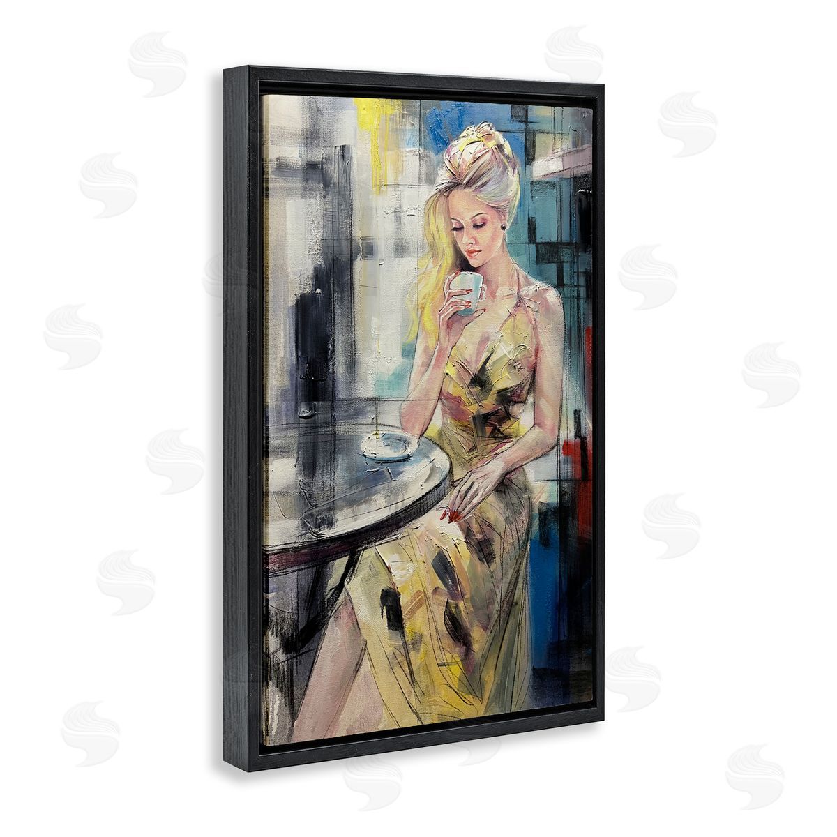 Elegant Woman at Cafe Black Floating Frame Canvas Wall Art, Home Decor by Lucille Lee