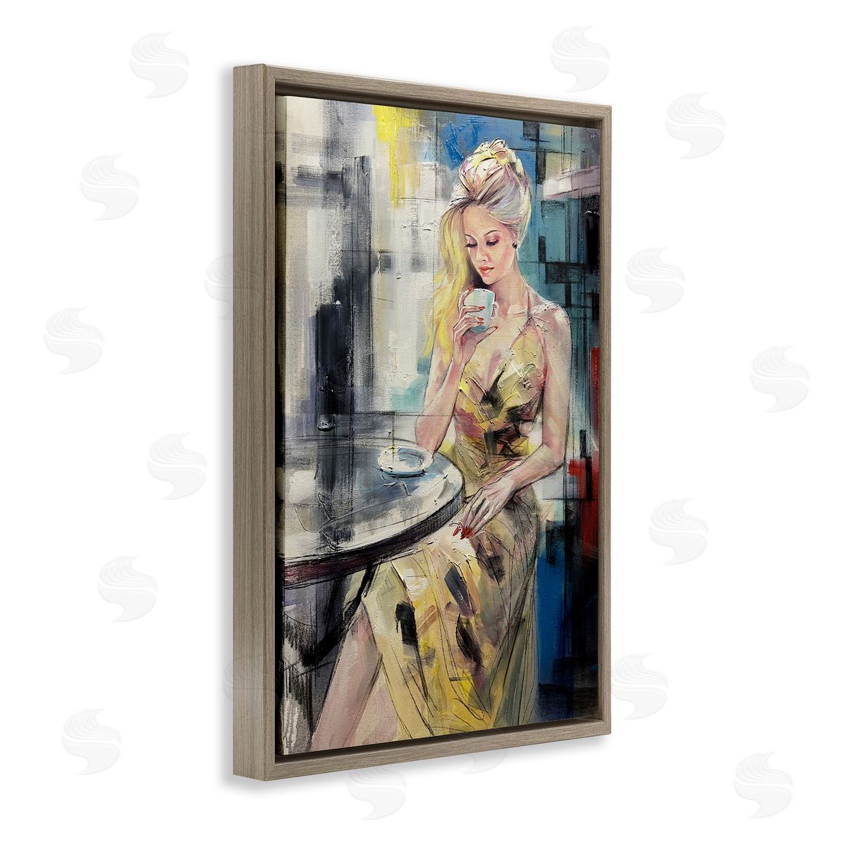 Elegant Woman at Cafe Brown Floating Frame Canvas Wall Art, Home Decor by Lucille Lee