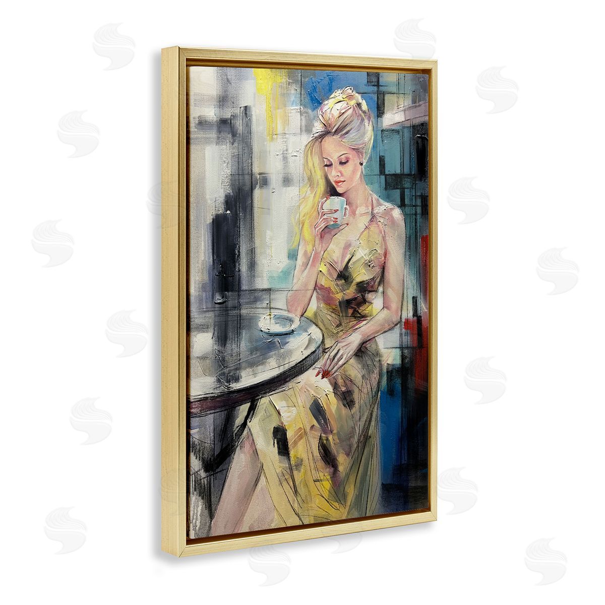 Elegant Woman at Cafe Gold Floating Frame Canvas Wall Art, Home Decor by Lucille Lee