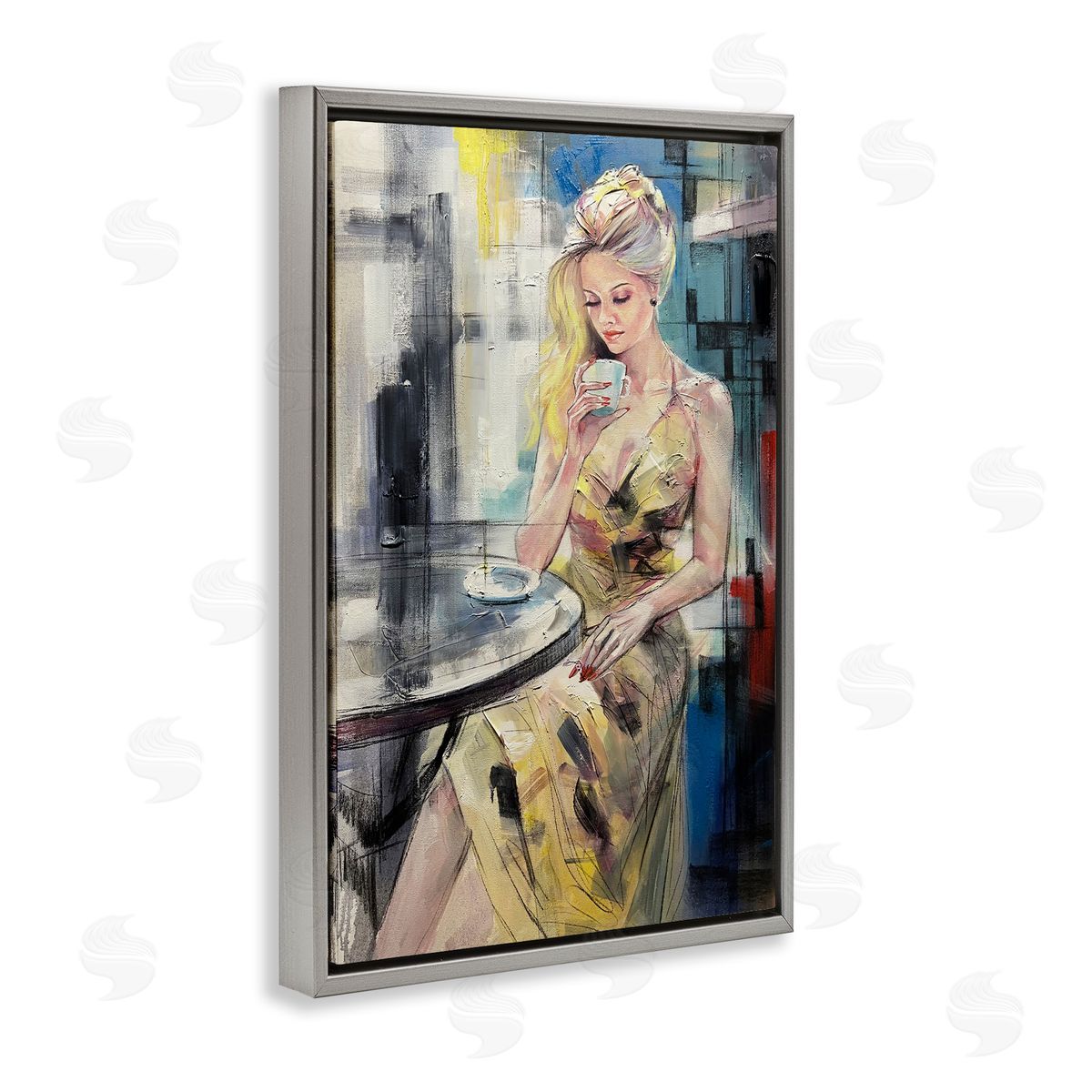 Elegant Woman at Cafe Grey Floating Frame Canvas Wall Art, Home Decor by Lucille Lee